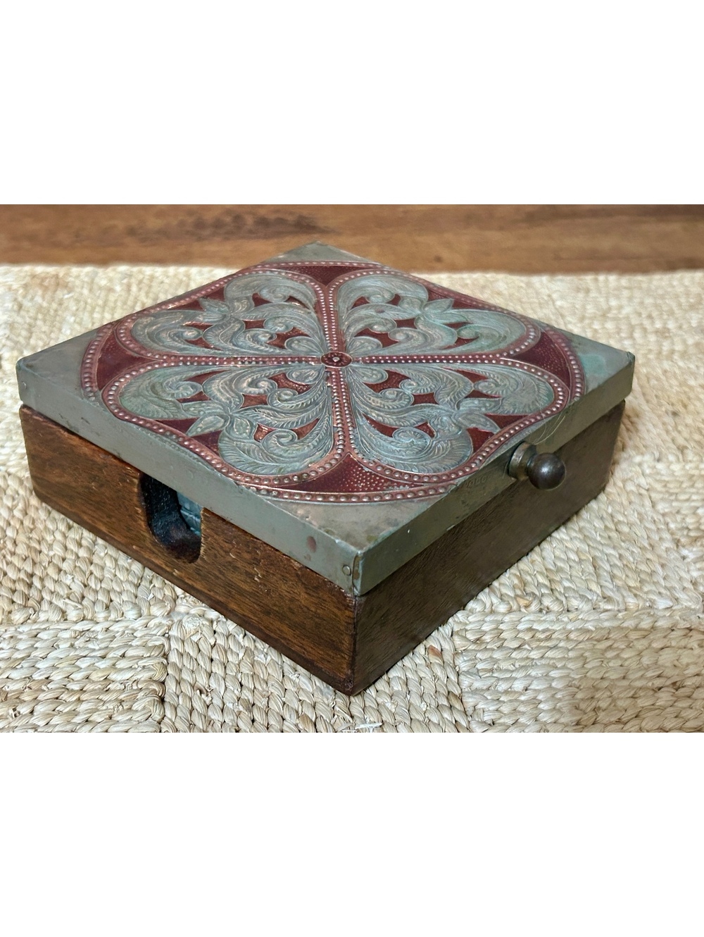 Vintage Decorative Wooden Box with Embossed Metal Tiles and Felt Lining